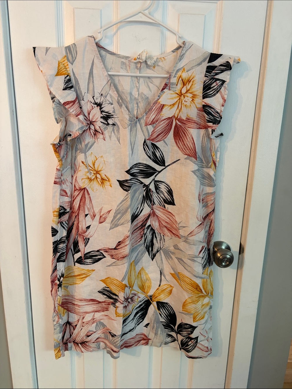 Floral V-Neck Ruffle Sleeve Tunic Dress - White Multi